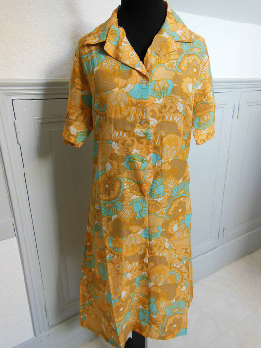 Pur vintage robe ancienne lumineuse bleu marron orange taille 44? B2