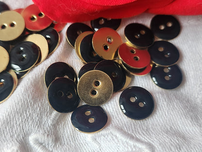 Lot 18 boutons vintage en métal doré et bleu quasi noir à trous 1,1 cm ref 3117
