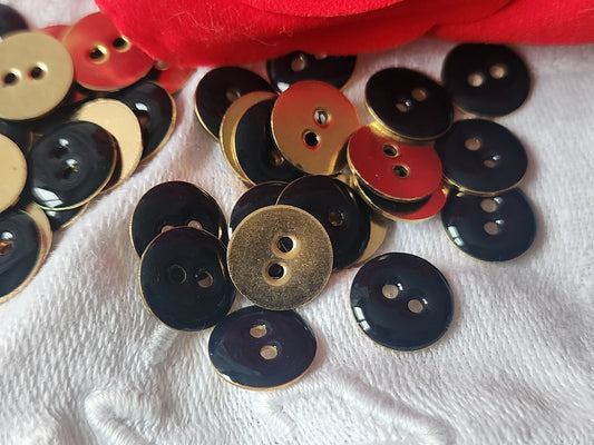 Lot 18 boutons vintage en métal doré et bleu quasi noir à trous 1,1 cm ref 3117