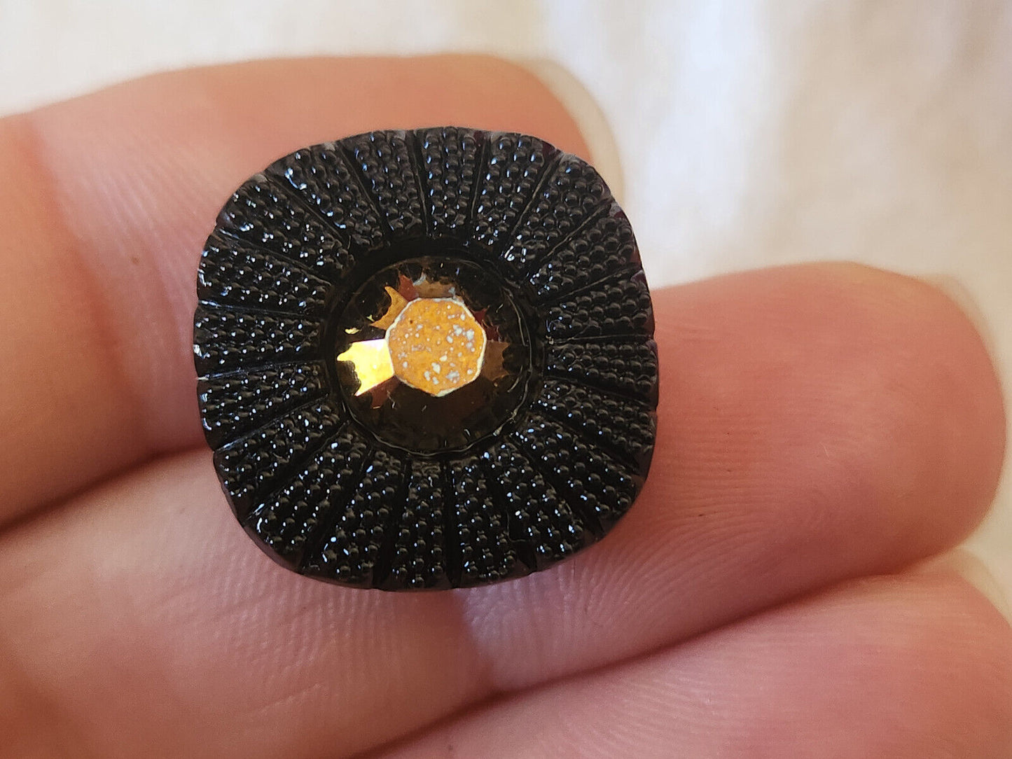 Bouton ancien en verre noir avec strass effet bronze vintage 2 cm D7A
