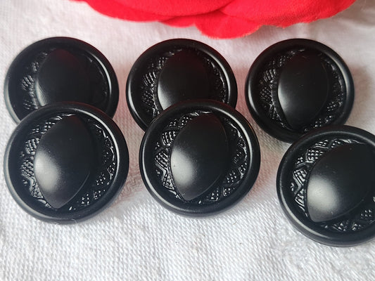 Lot 6 boutons ancien en verre noir élégant dessin fort relief 2,1 cm ref 1265