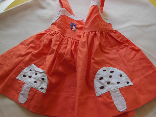 Petite robe ancienne enfant  poupée orange vintage champignon B4
