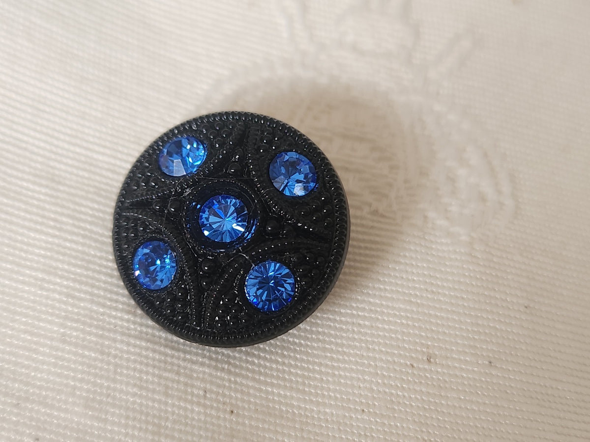 Bouton ancien en verre noir avec strass bleu vintage  1,8 cm D18A
