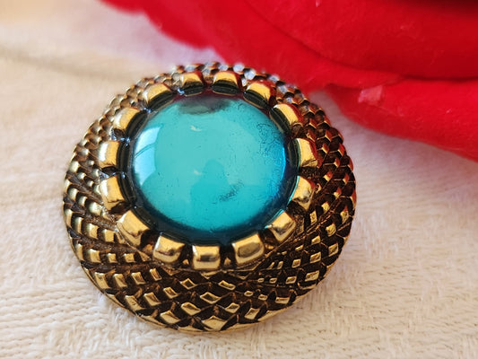 Gros bouton vintage métal doré cœur effet strass bleu 2,7 cm  ou 27 mm  ref 6518