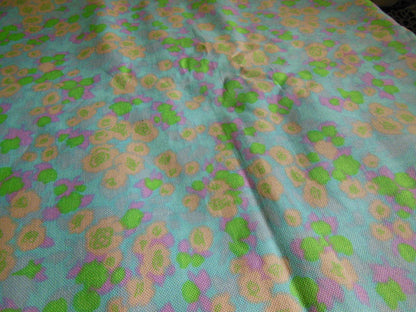 Ancien coupon tissu vintage bleu vert saumon fleur 1 m 90 sur 1 mètre B6