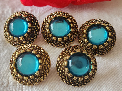 Lot 5 boutons vintage  métal coeur bleu  doré 2,2 cm pied  22 mm ref 6418