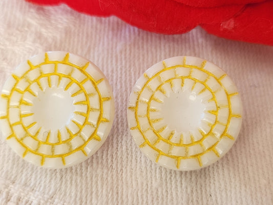 Duo boutons anciens en verre vintage jaune blanc 1,8 cm G11D