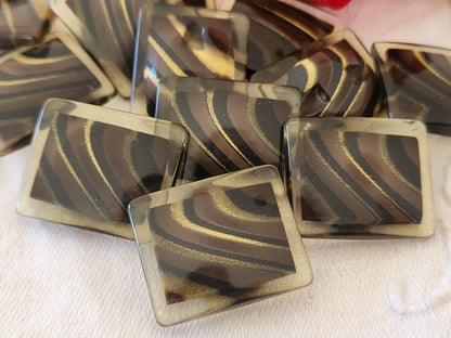 lot 6 gros bouton vintage inclusion marron doré rectangle  2,1/2,6 cm ref 6070