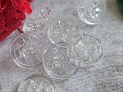 Lot 6 boutons anciens en verre motif creusé transparent 1,,4 cm ref 5449