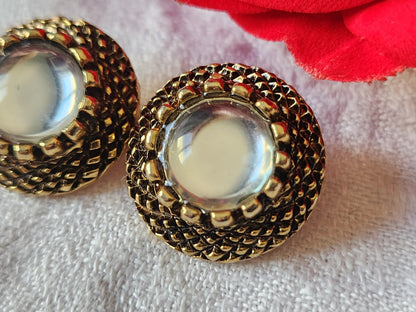 Duo boutons vintage en metal doré coeur transparent lumineux  2,2 cm G19K