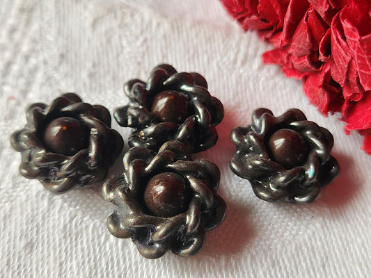 Lot 4 jolis boutons vintage resine argenté coeur marron 1,7 cm G19M