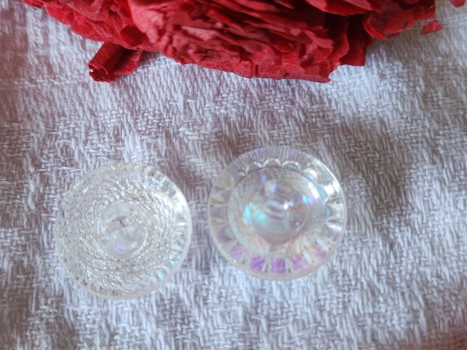 Duo boutons anciens en verre transparent mordoré rose 1,7 cm D3E