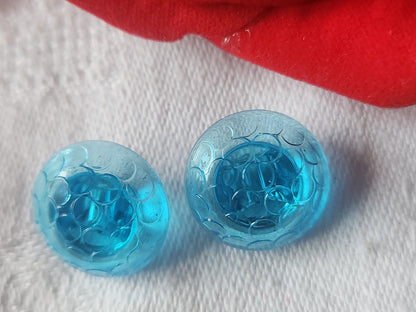 Duo boutons anciens en verre bleu alveole vintage 1,5 cm D9D