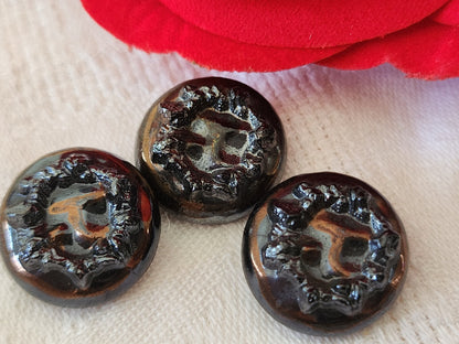 Trio boutons anciens en verre noir cuivré vintage 1,8 cm G2F