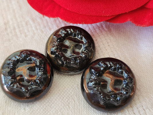 Trio boutons anciens en verre noir cuivré vintage 1,8 cm G2F