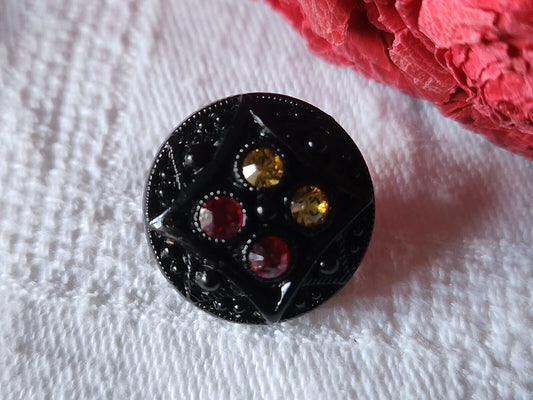 Bouton ancien en verre noir avec strass  vintage rouge jaune   1,7 cm D6E