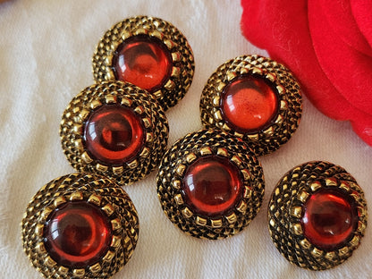 Lot 6  boutons vintage metal doré coeur effet strass rouge 2,1 cm pied ref 3866