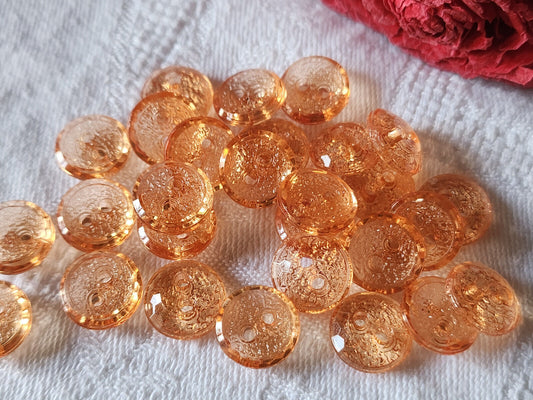 Lot 26 boutons vintage transparent orange plastique trous petits 1,1 cm ref 3136