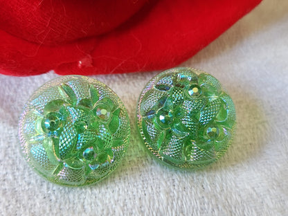 Duo boutons anciens en verre vintage mordoré vert 1,7 cm G18E