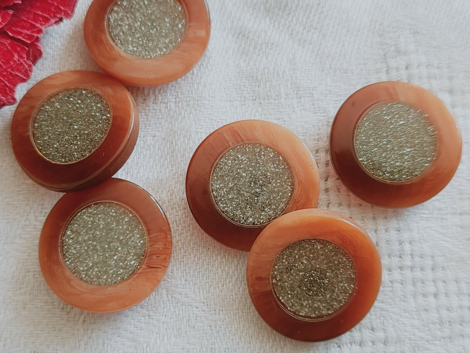 Lot 6 boutons vintage orange cœur paillette inclusion argenté 1,8 cm ref 3250