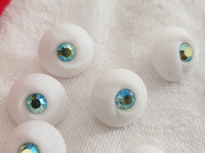 Lot 6 boutons vintage en verre blanc avec strass mordoré vert  1,3 cm ref 6365