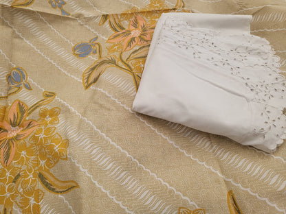 Ancien coupon de tissu vintage marron fleur bleu kitch 1 m 32 sur 1 m 80 B6