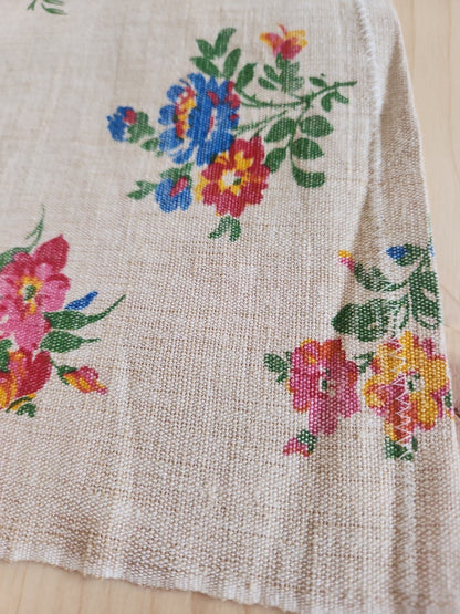 Ancien coupon de tissu lin fleur imprimé 59 cm sur 74 cm B5