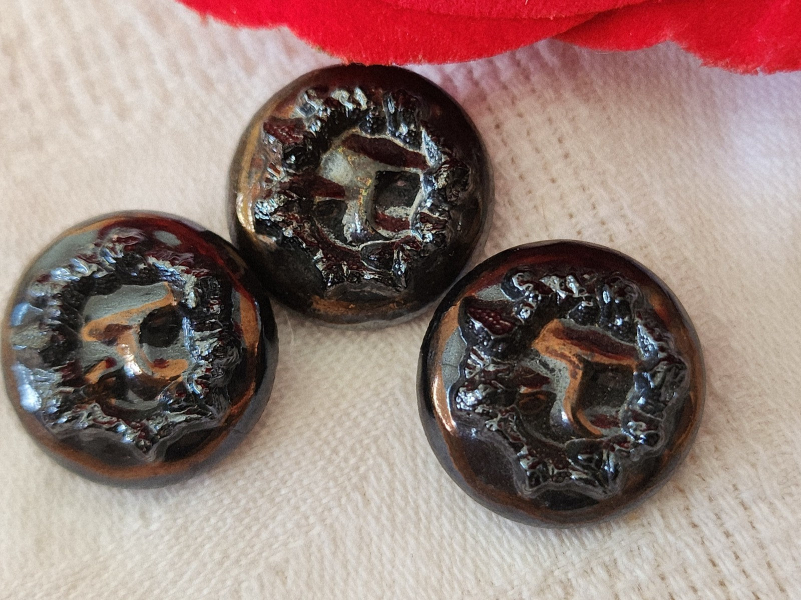 Trio boutons anciens en verre noir cuivré vintage 1,8 cm G2F