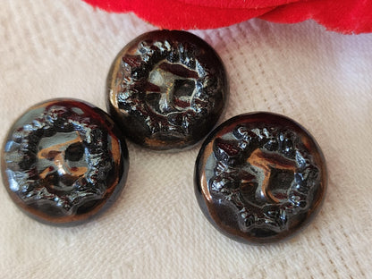 Trio boutons anciens en verre noir cuivré vintage 1,8 cm G2F