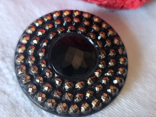 Enorme bouton ancien en verre noir doré picot 3,7 cm D11K