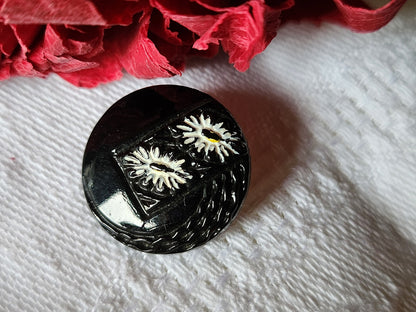 Bouton ancien en verre noir peint fleur 1,8 cm G10B