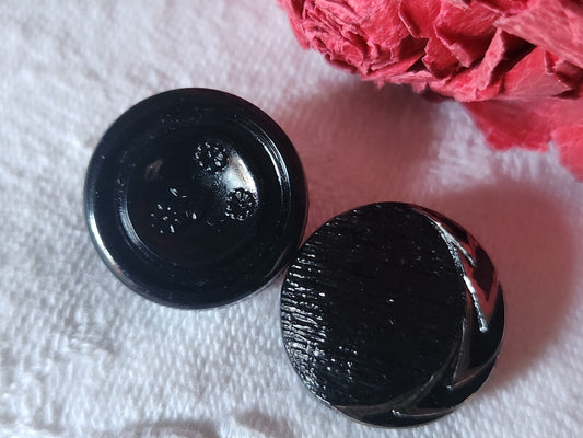 Duo boutons anciens en verre noir travaillé vintage pied  1,7 cm D5H
