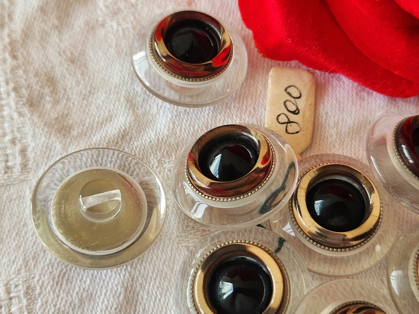 Lot 8 boutons vintage transparent noir argenté pied 2,3 cm superbe ref 5673