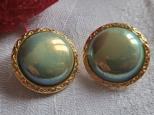 Duo boutons vintage vert mordoré pied métal doré  2,3 cm bijoux G17H