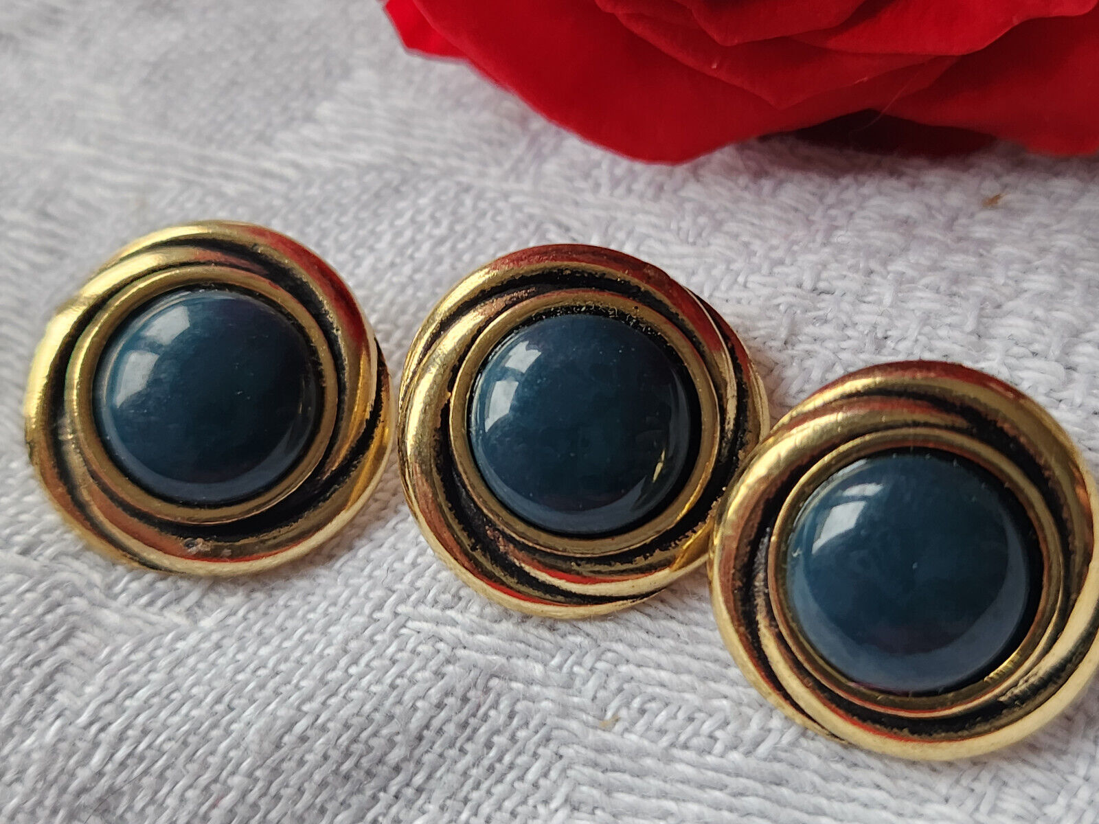 Trio boutons en métal doré vintage bleu  1,6 cm pied D6L