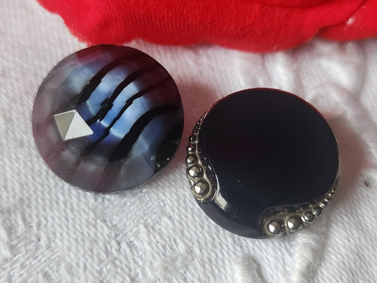 Duo boutons anciens en verre bleu travaillé vintage 1,8 cm D9I