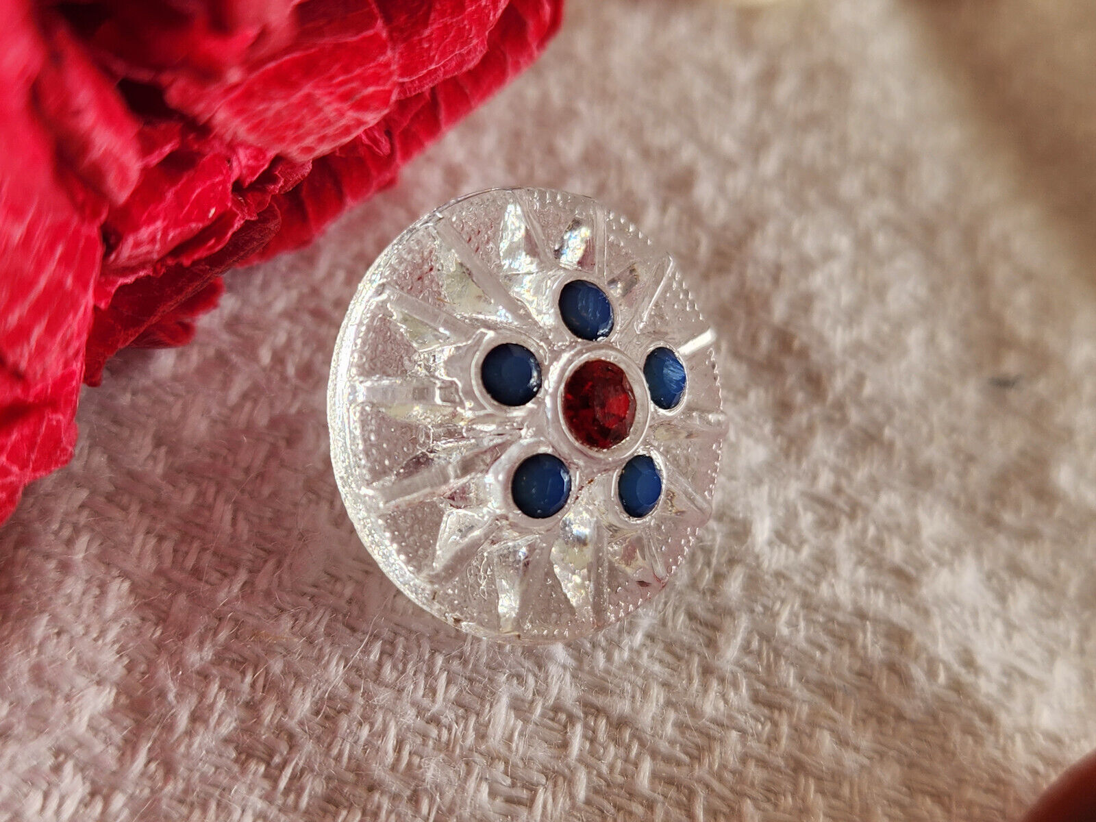 Bouton ancien en verre avec strass rouge bleu  1,7 cm G14Q