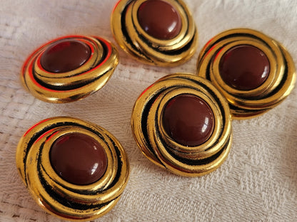Lot 5 gros boutons vintage  métal doré marron lourd 2,4 cm 24 mm ref 0014