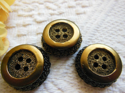 Trio boutons vintage en résine noir doré pourtour chainette 2,5 cm D10T