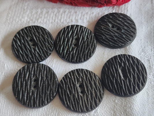 Lot 6 boutons anciens en verre noir strié trous 2,3 cm ref 1573