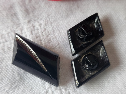 Trio boutons anciens en verre noir argenté pointe à pointe 2 et 2,5 cm G17B