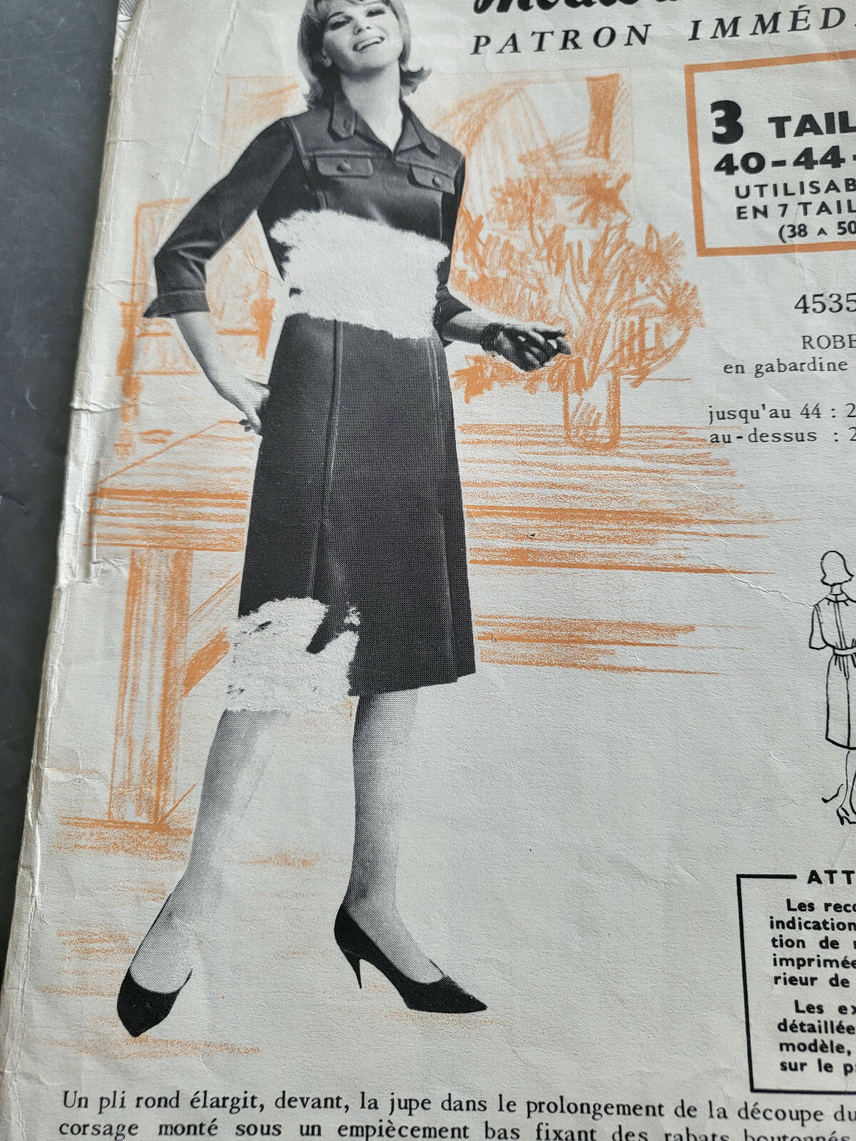 Patron ancien robe manche 3/4 col patte taille 40 44 48 immédiat