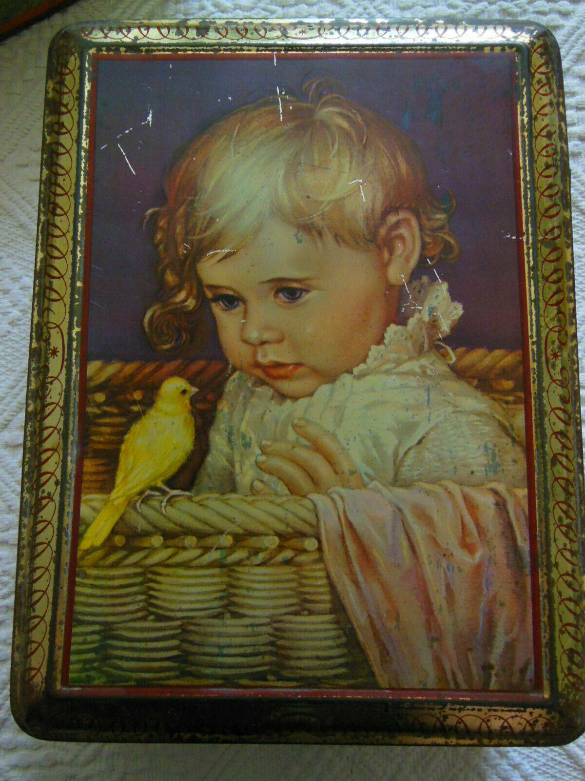 Ancienne boite tôle Lithographiée enfant oiseaux buhler collection rangement