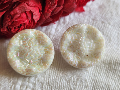 Duo boutons anciens en verre mordoré rose blanc  1,7 cm collection D14A