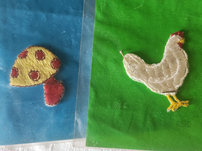 Duo anciens patch vintage thermocollant "poule champignon"  customisation 