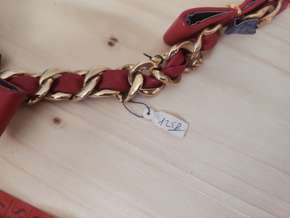 Ceinture ancienne vintage cuir rouge noeud métal doré  superbe