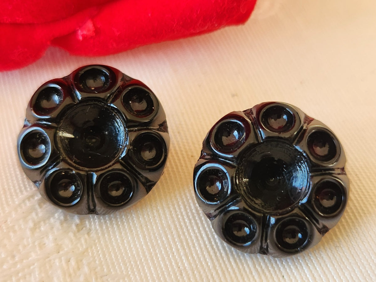 Duo boutons anciens en verre noir à strasser lumineux 1,7 cm D8A