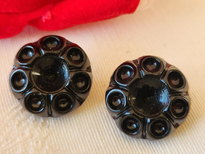 Duo boutons anciens en verre noir à strasser lumineux 1,7 cm D8A