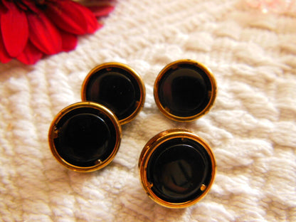 Lot 4 boutons anciens en verre noir doré à pied  collection 1,3  cm D8C