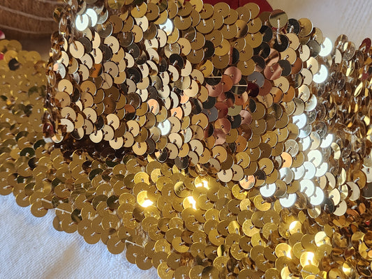 Galon vintage xxl large sequin doré fait main elastique 1 mètre 20 sur 5,6 cm T1